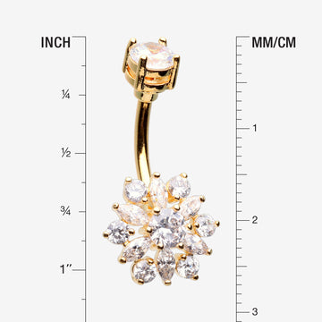 Detail View 1 of Golden Brilliant Sunburst Floral Sparkle Belly Button Ring-Clear Gem